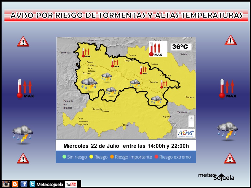 Aviso Amarillo por Altas temperaturas y Tormentas. 22 AEMET. Meteisijuel
