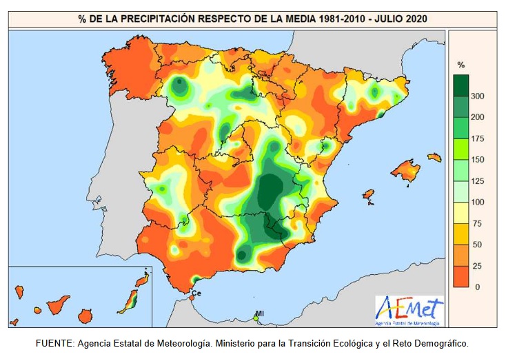 Anomalía Precipitación Julio 2020 Península . AEMET. Meteosojuela