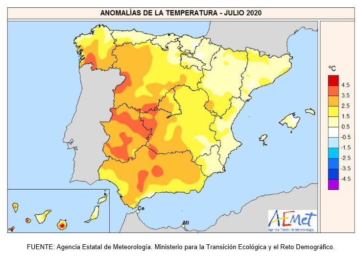 Anomalía Temperaturas Julio 2020. aemet. Meteosojuela