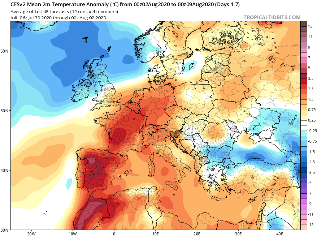 Modelos de Temperatura semanal Agosto GFS 1ª Semana . Meteosojuela La Rioja.