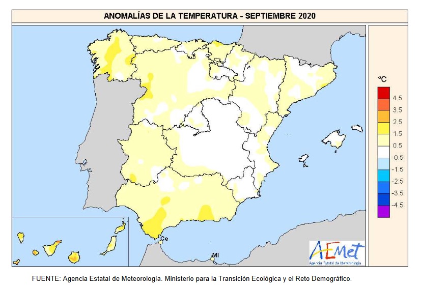 Anomalía Temperaturas Septiembre 2020. aemet. Meteosojuela