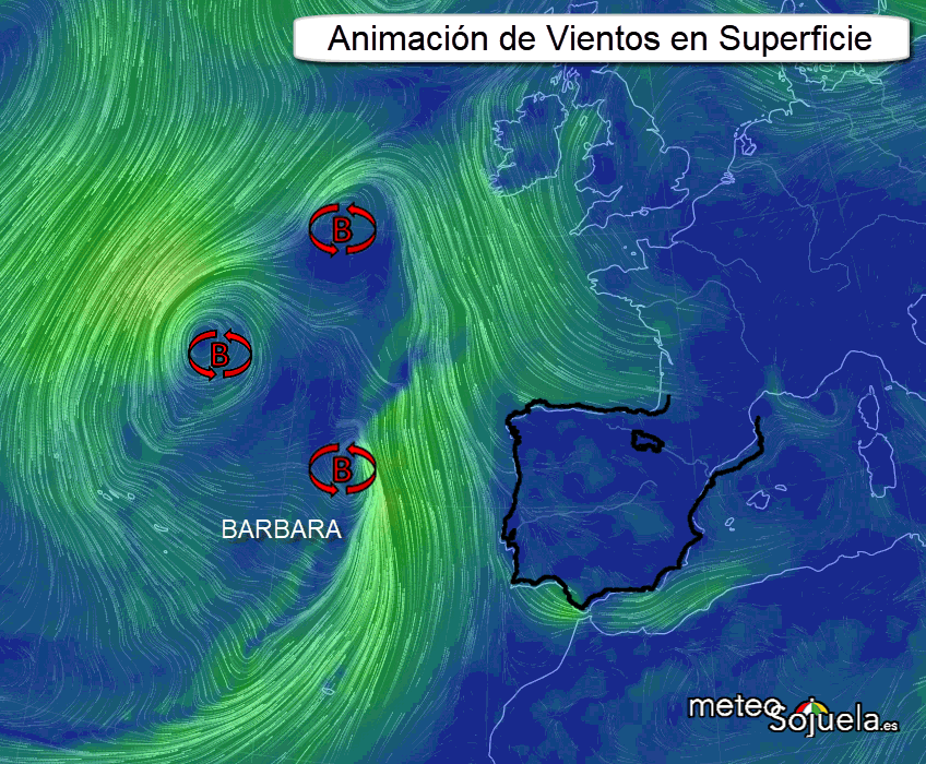 Animación Vientos en Superficie BARBARA. Meteosojuela La Rioja