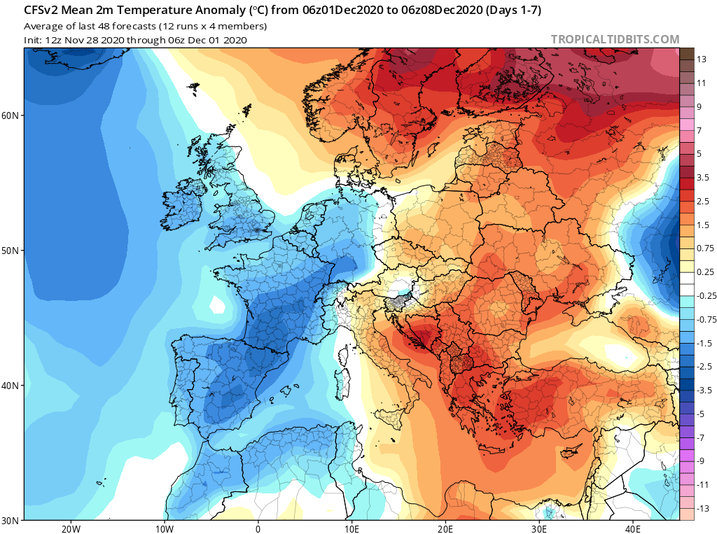 Modelos de Temperatura semanal Diciembre GFS 1ª Semana . Meteosojuela La Rioja