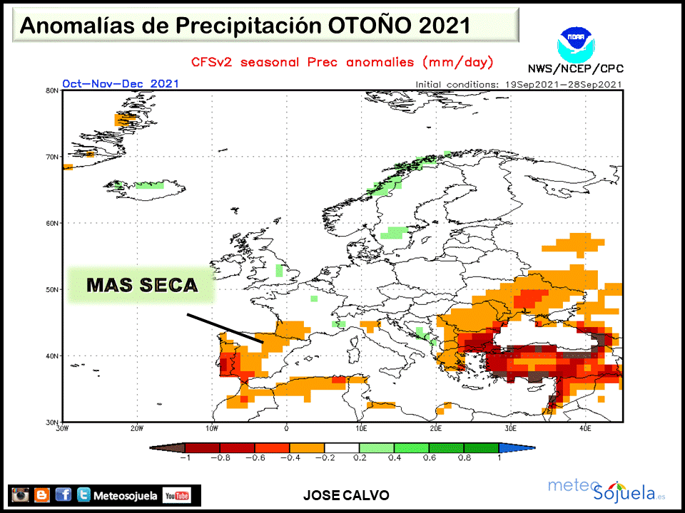 Anomalías Precipitación previstas Otoño 2021. NOAA Meteosojuela