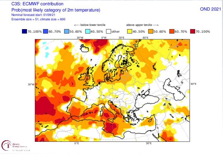 Anomalías Temperatura previstas Otoño 2021.ECMWF Meteosojuela