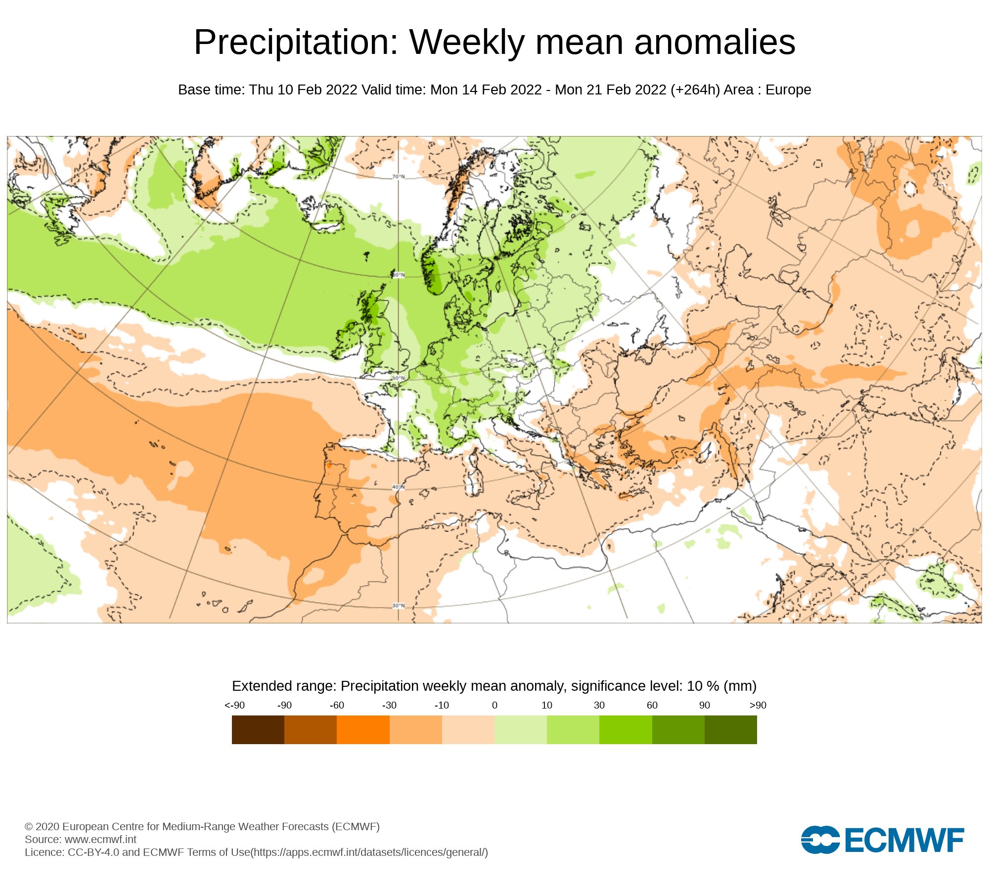 Anomalías Precipitación Semana 14 Febrero ECMWF. Meteosojuela