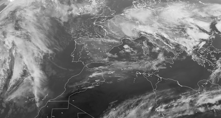 Animación imágenes satélite. Altas presiones en el Atlántico y bajas presiones en el Mediterráneo. Frentes