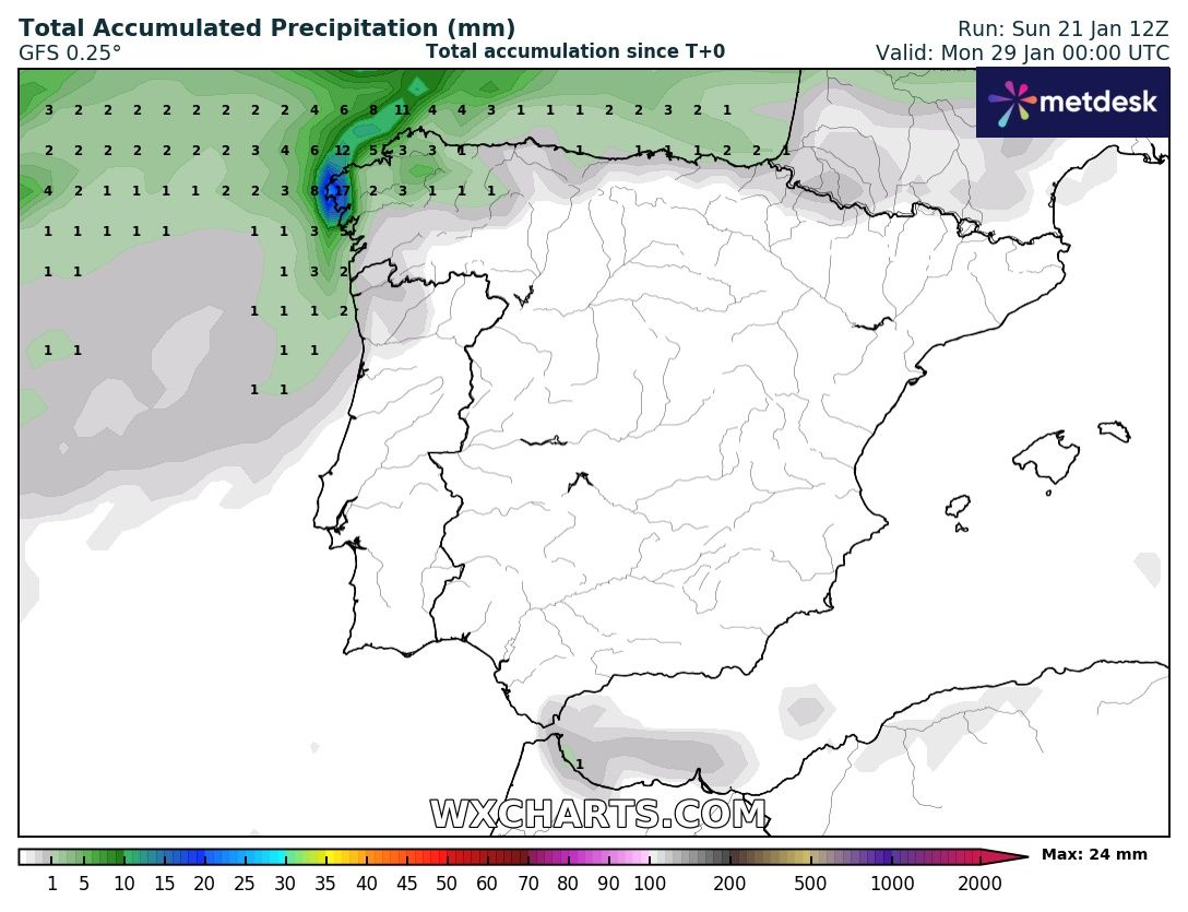 Precipitación Acumulada según GFS. Meteosojuela La Rioja