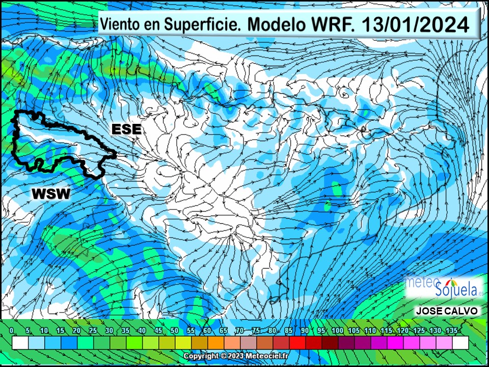 Viento en Superficie Modelo AROME. WSW-SE Meteosojuela