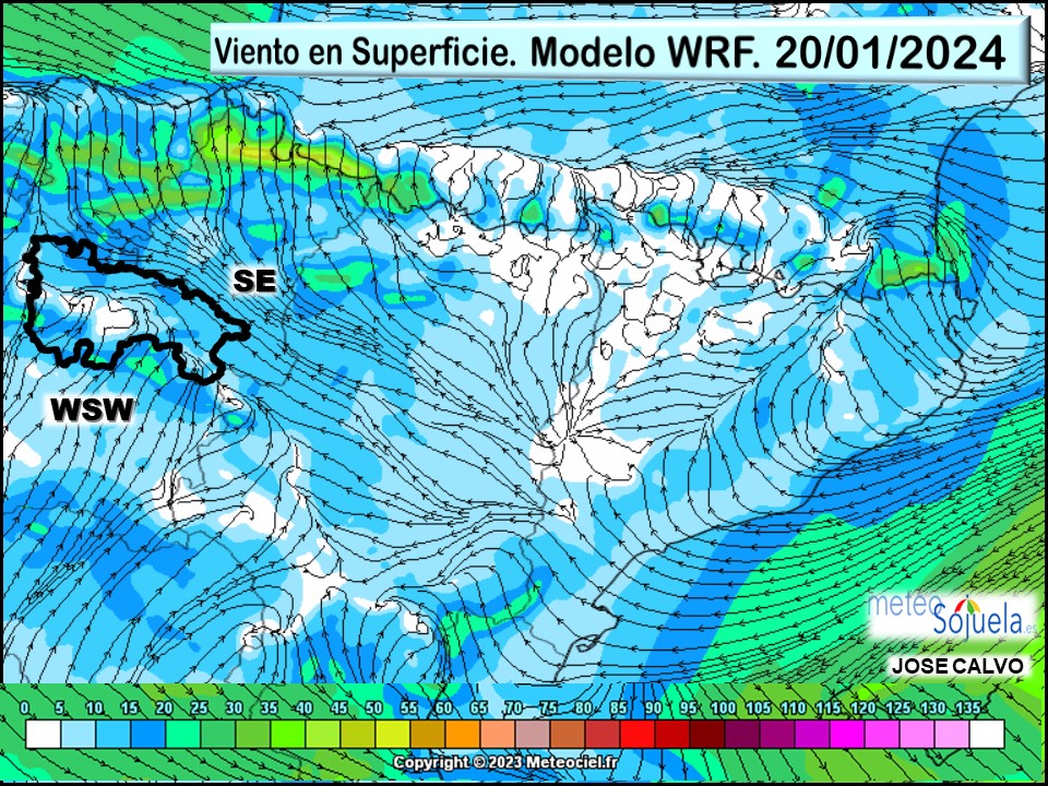 Viento en Superficie Modelo WRF. WSW SE Meteosojuela