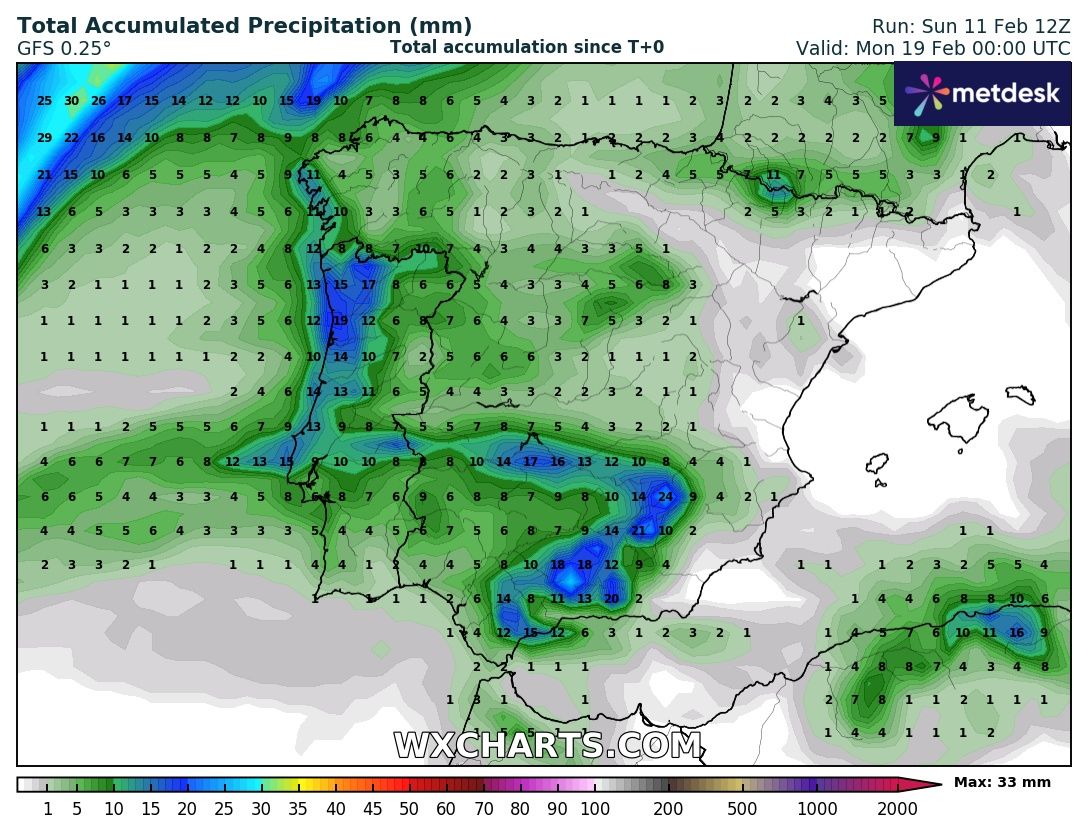 Precipitación Acumulada según GFS. Meteosojuela La Rioja