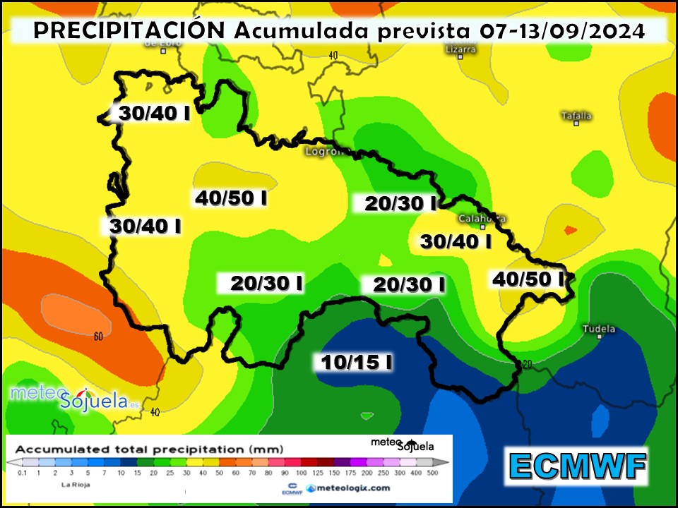 Precipitación Acumulada según ECMWF. Meteosojuela La Rioja