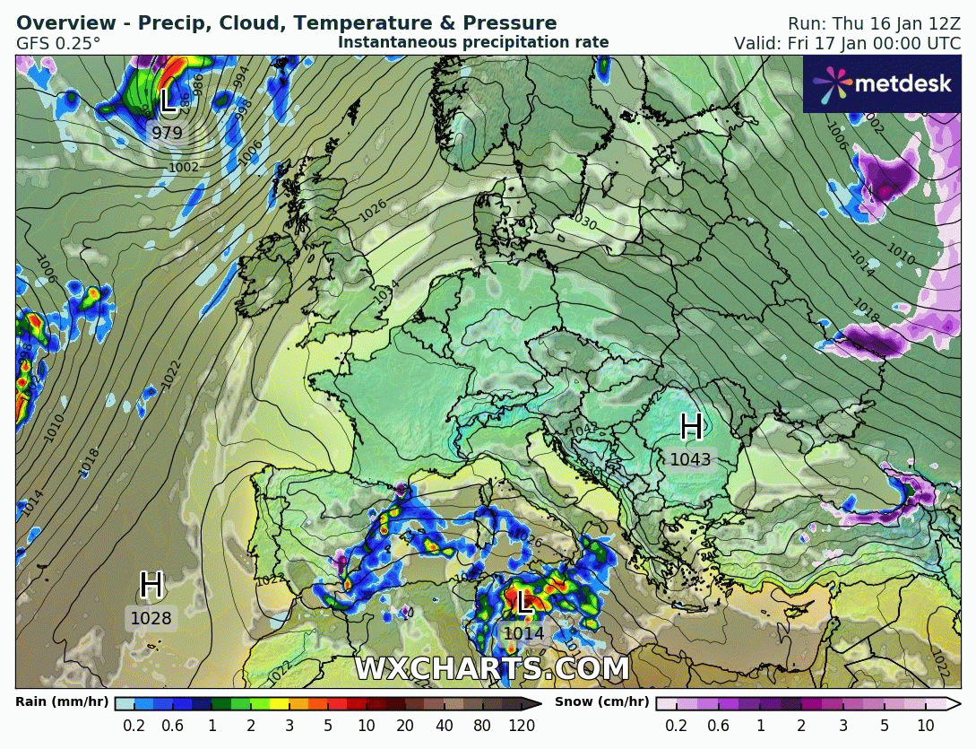 Animación Modelos de Centros de presión y borrascas GFS Europa. Meteosojuela La Rioja