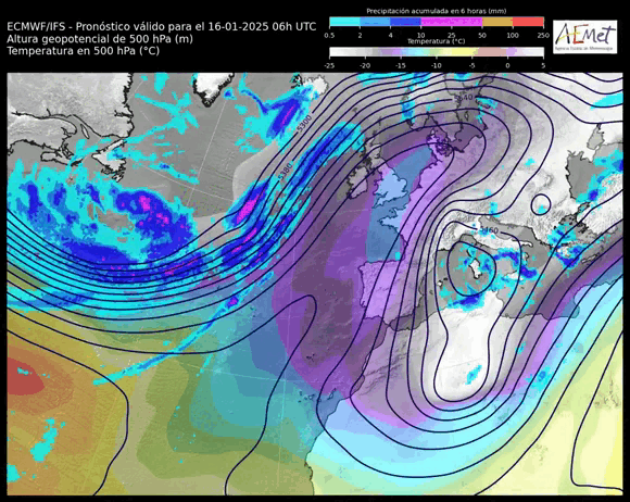 Animación altura Geopotencial 500 hPa, temperatura y precipitación