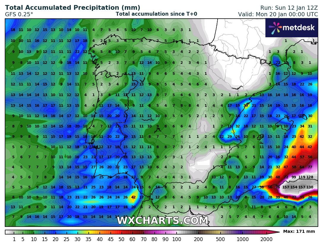 Precipitación Acumulada según GFS. Meteosojuela La Rioja