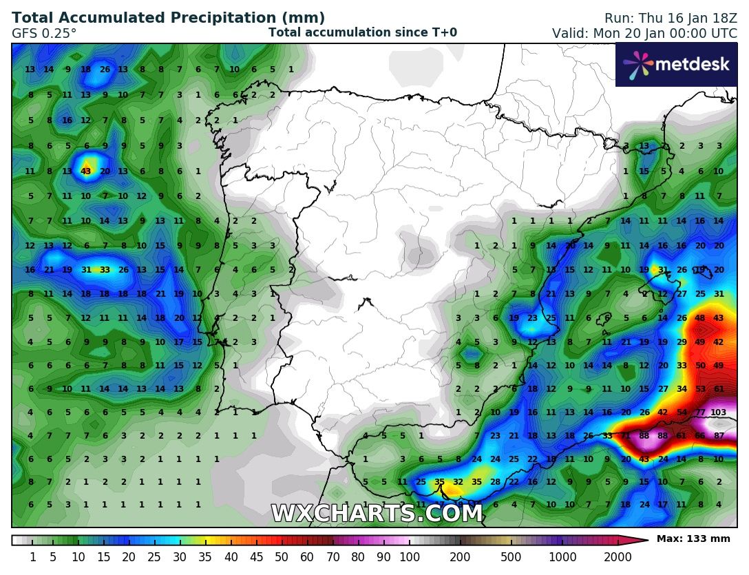 Precipitación Acumulada según GFS. Meteosojuela La Rioja