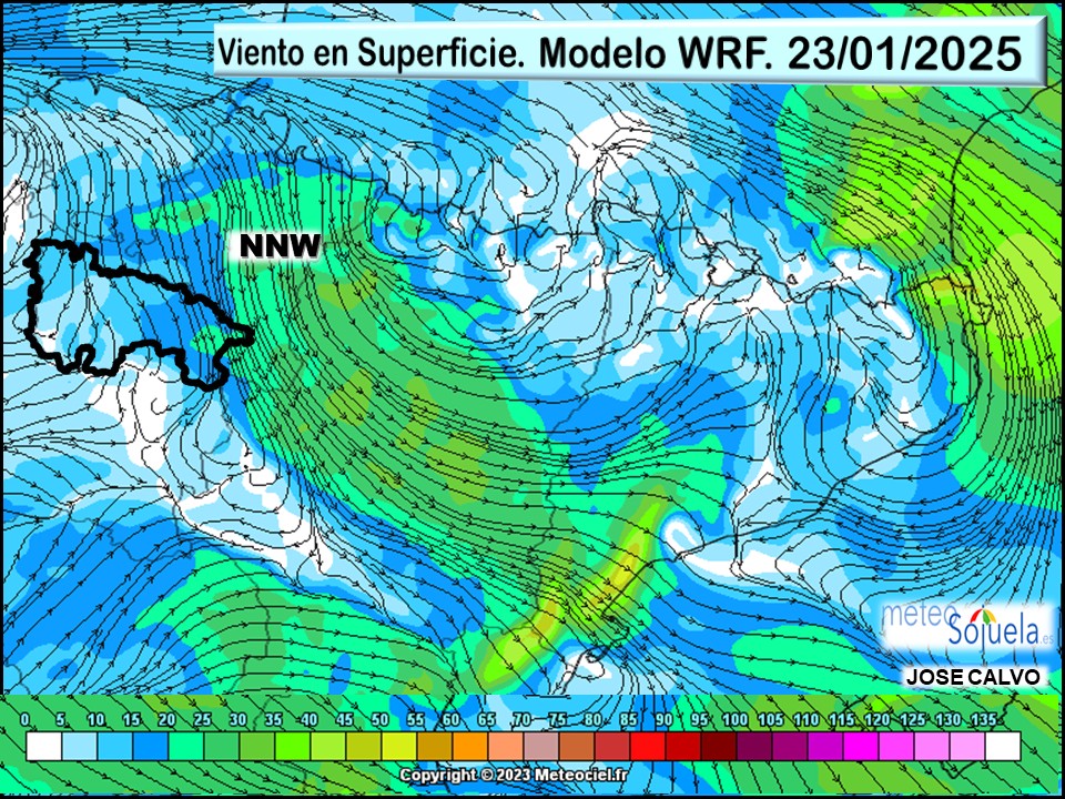 Viento en Superficie Modelo WRF Meteosojuela. NNW