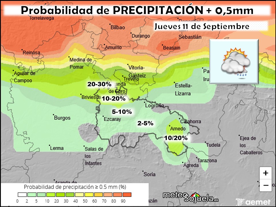 Probabilidad de precipitación según AEMET. Meteosojuela La Rioja