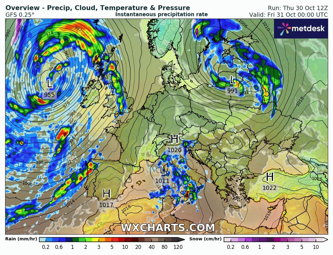 Animación Modelos de Centros de presión y borrascas GFS Europa. Meteosojuela La Rioja