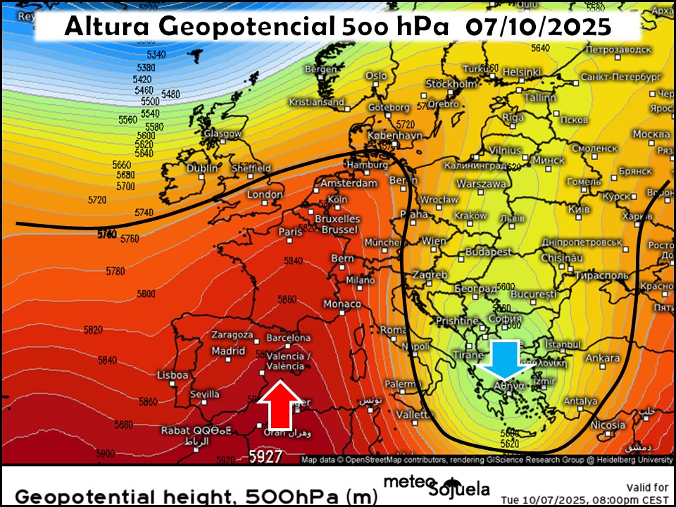 Dorsal Anticiclónica en el Mediterraneo afectando a la península