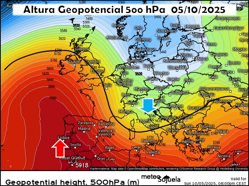 Dorsal acercándose a la península. Vaguada alejándose por el Mediterráneo