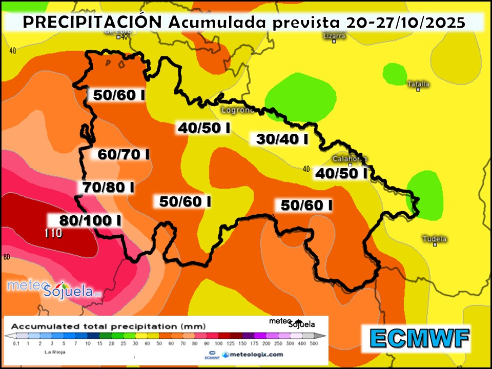 Precipitación Acumulada según ECMWF. Meteosojuela La Rioja
