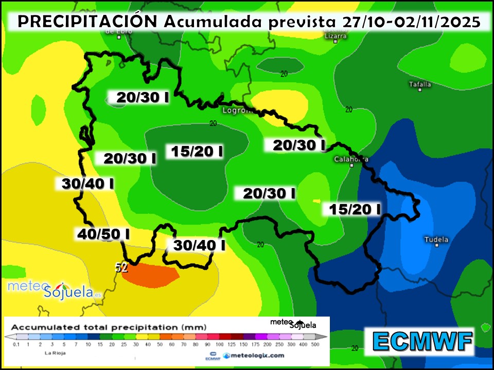 Precipitación Acumulada según ECMWF. Meteosojuela La Rioja