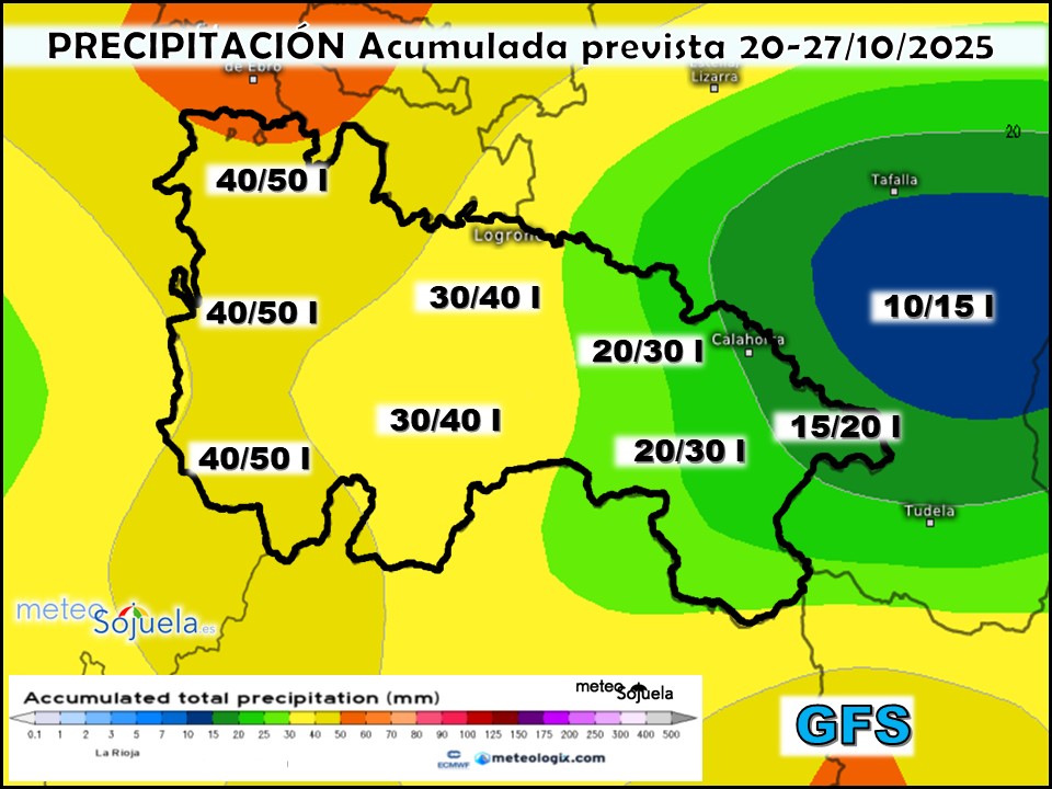 Precipitación Acumulada según GFS. Meteosojuela La Rioja