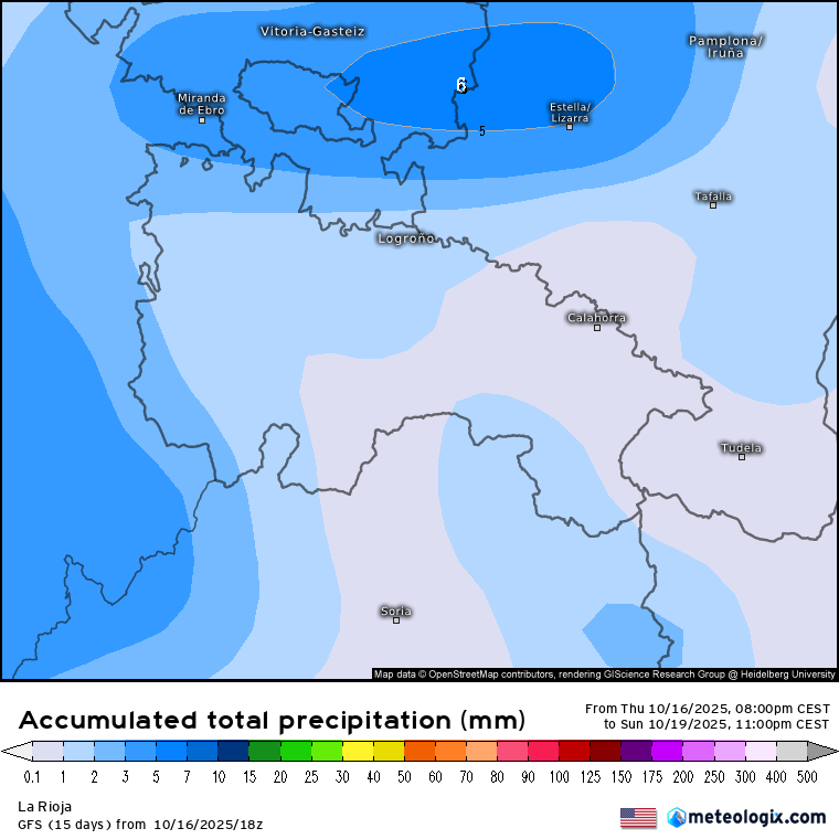 Precipitación Acumulada según GFS. Meteosojuela La Rioja