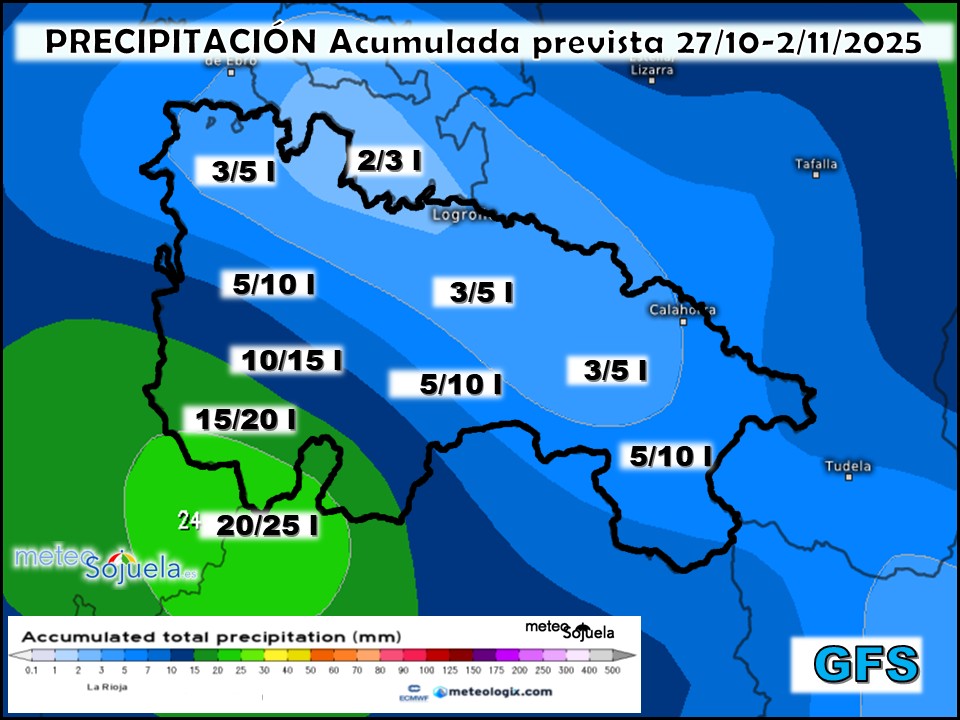 Precipitación Acumulada según GFS. Meteosojuela La Rioja