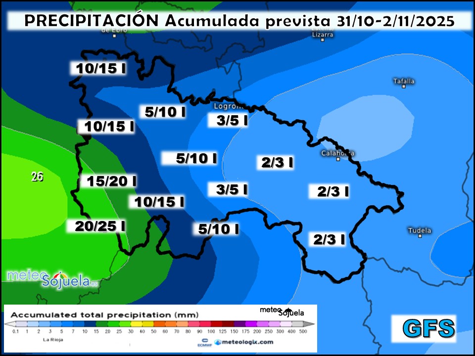 Precipitación Acumulada según GFS. Meteosojuela La Rioja