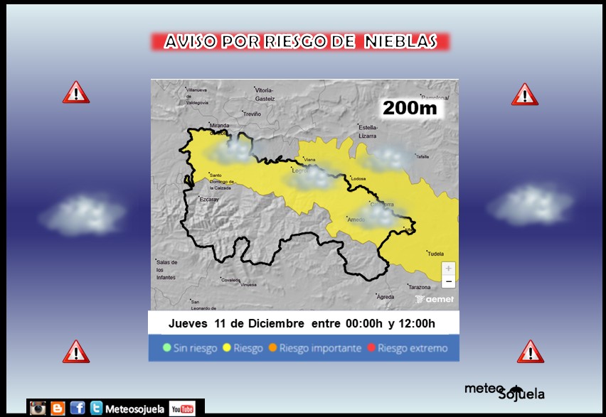 Aviso Amarillo por riesgo de Nieblas en la Ribera. AEMET
