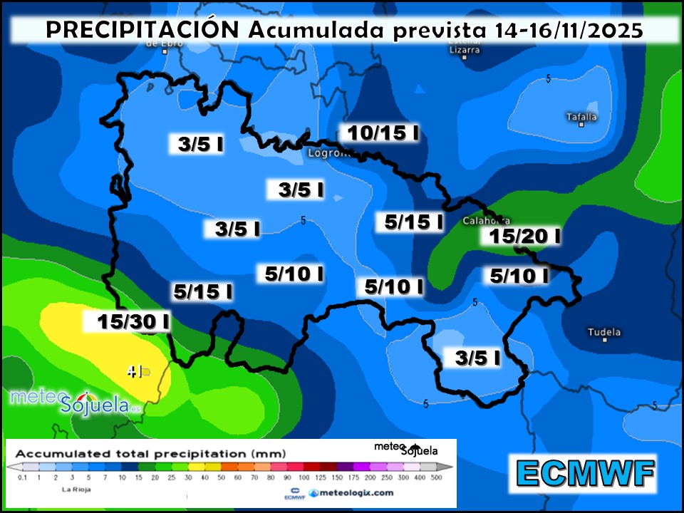 Precipitación Acumulada según ECMWF. Meteosojuela La Rioja