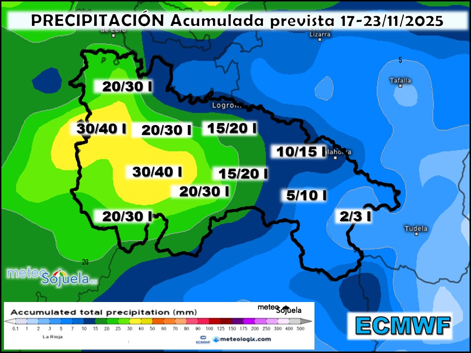Precipitación Acumulada según ECMWF. Meteosojuela La Rioja