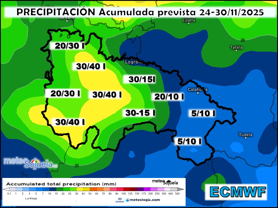 Precipitación Acumulada según ECMWF. Meteosojuela La Rioja