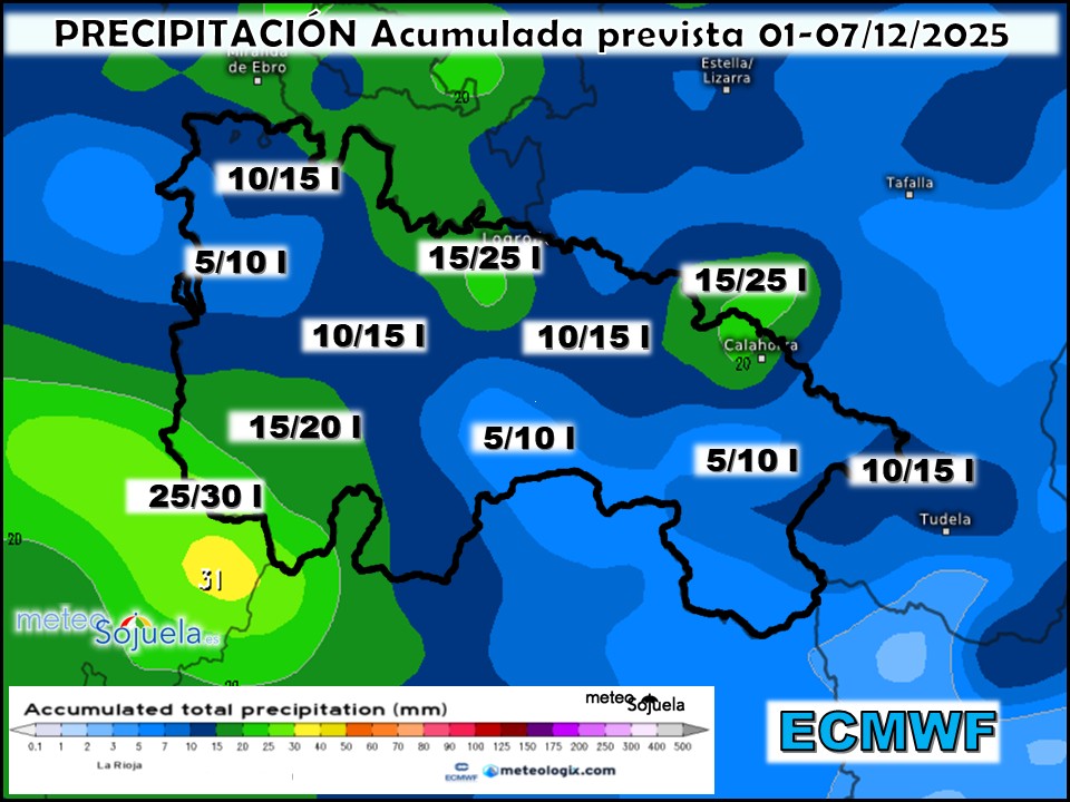 Precipitación Acumulada según ECMWF. Meteosojuela La Rioja