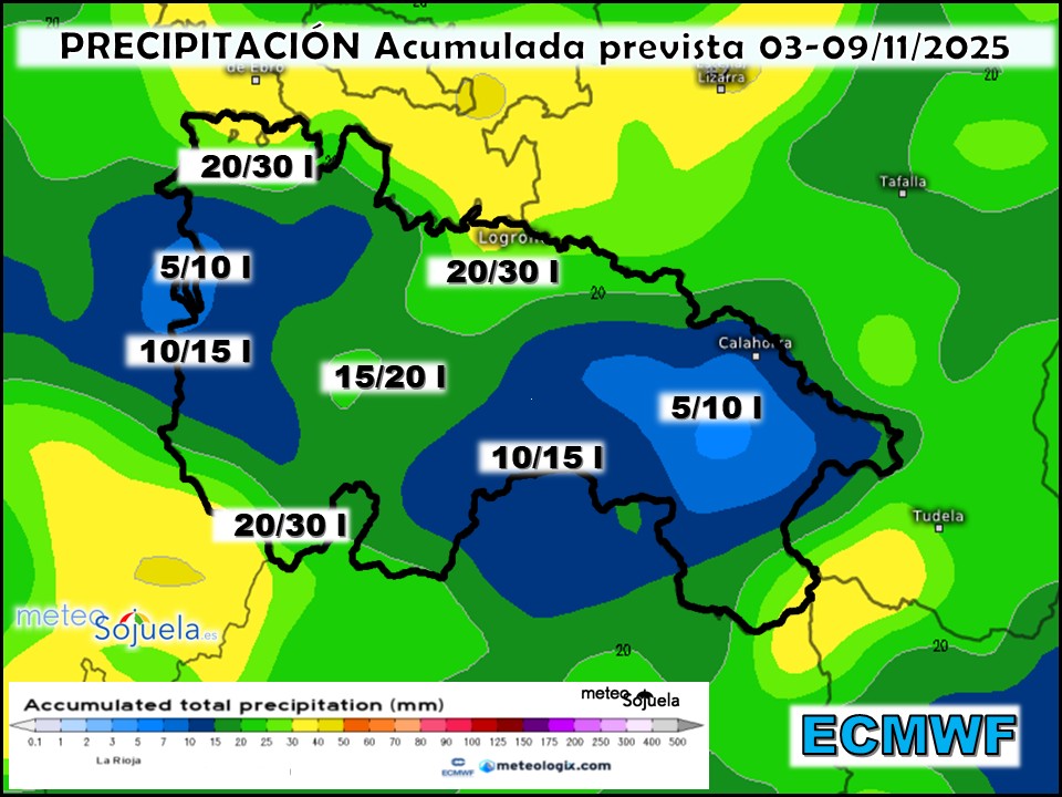 Precipitación Acumulada según ECMWF. Meteosojuela La Rioja