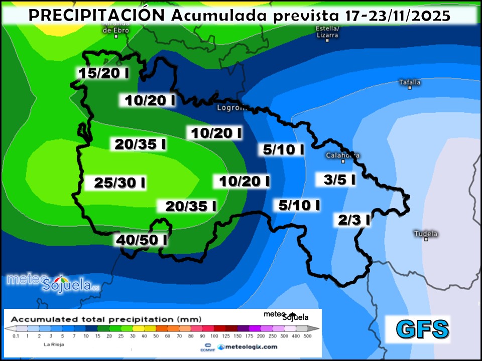 Precipitación Acumulada según GFS. Meteosojuela La Rioja