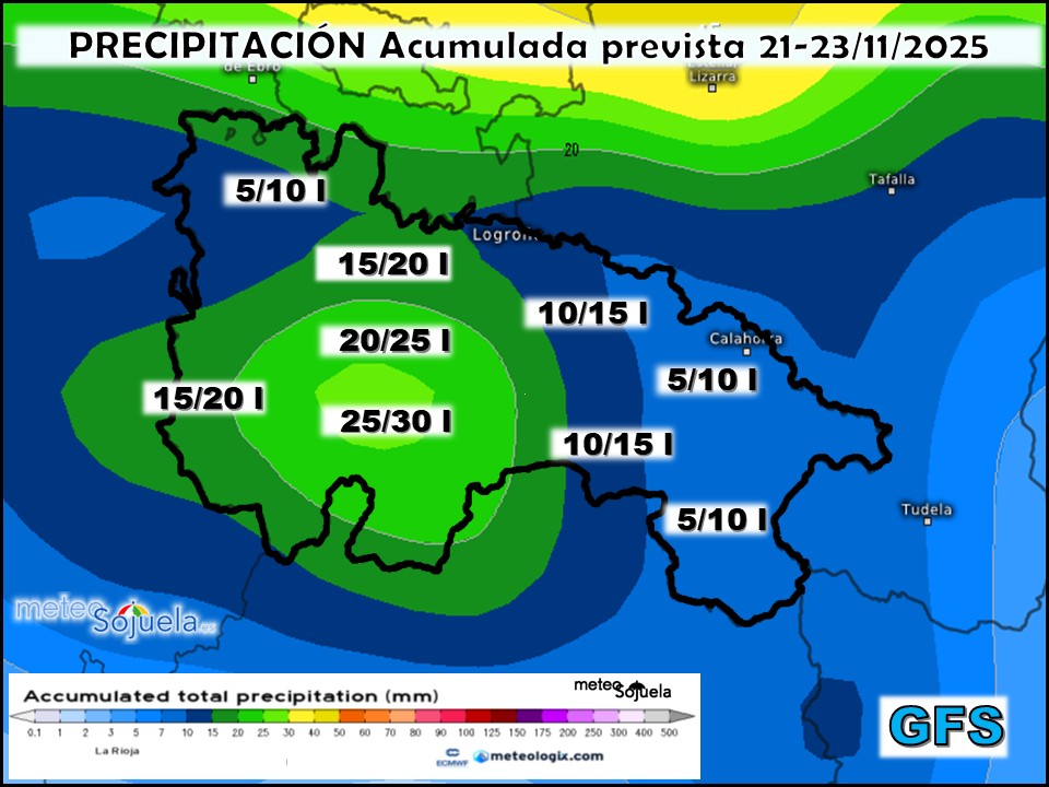 Precipitación Acumulada según GFS. Meteosojuela La Rioja