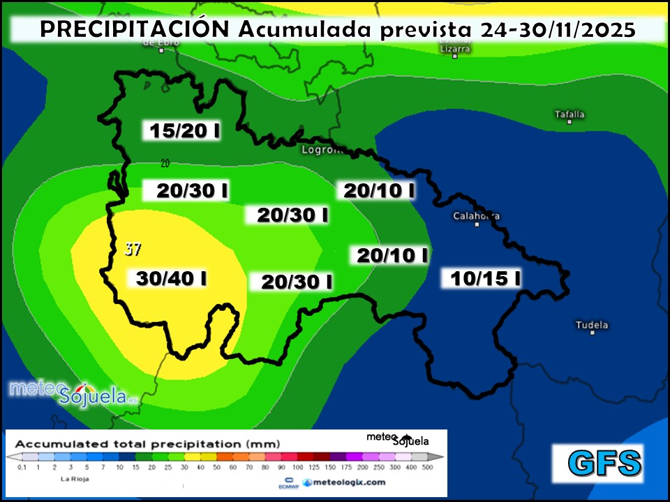 Precipitación Acumulada según GFS. Meteosojuela La Rioja