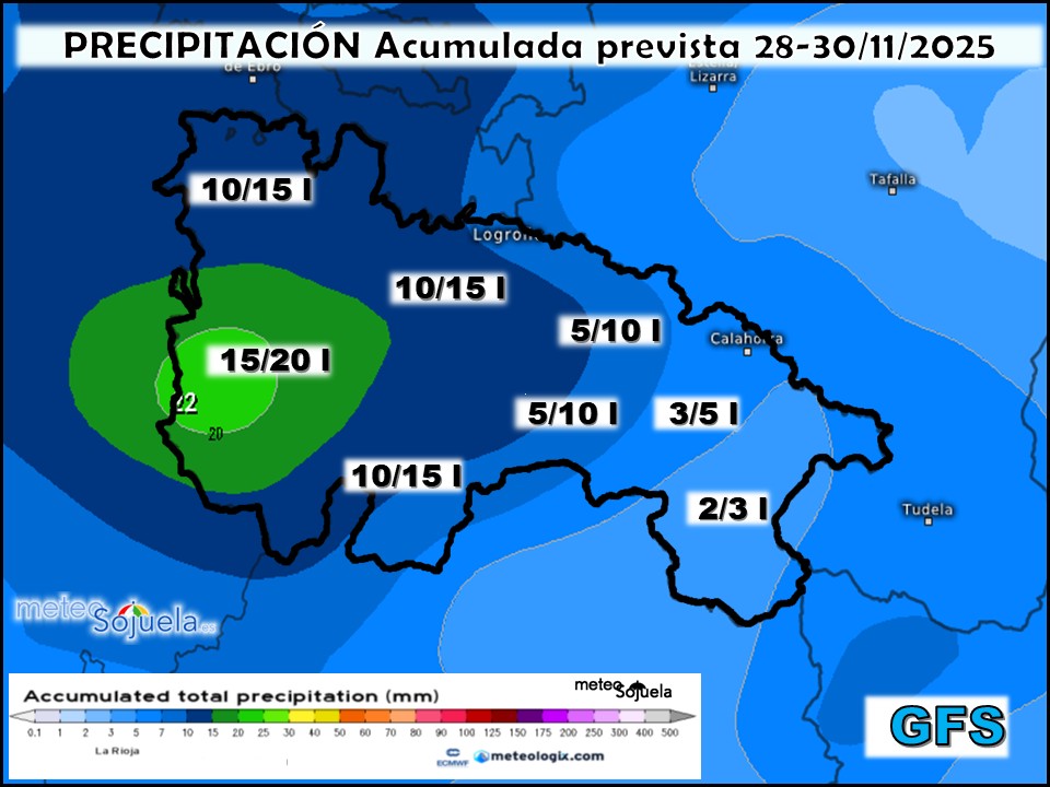 Precipitación Acumulada según GFS. Meteosojuela La Rioja