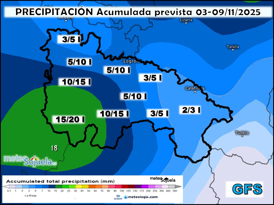 Precipitación Acumulada según GFS. Meteosojuela La Rioja