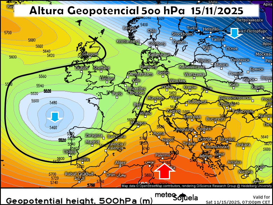 Vaguada afectando a la península y Dorsal anticiclónica en el Mediterráneo