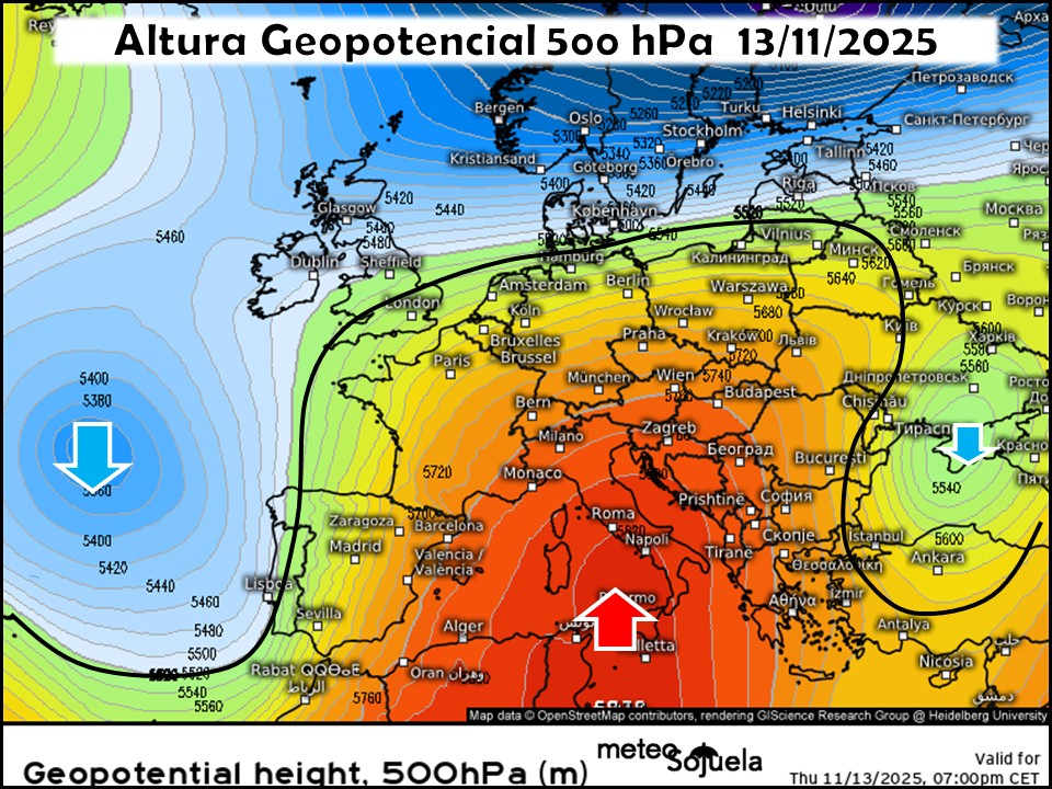 Vaguada en el Atlántico y Dorsal anticiclónica en el Mediterráneo