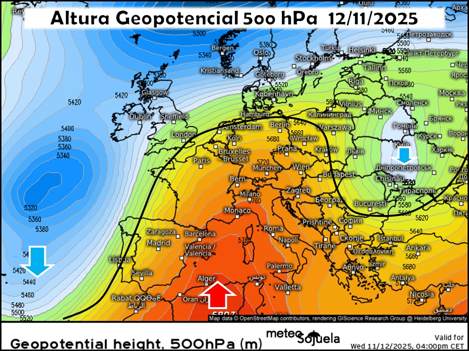 Vaguada en el Atlántico y Dorsal anticiclónica en el Mediterráneo