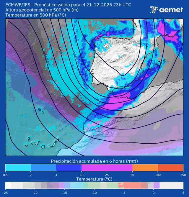Animación evolución precipitaciones y campos de presión AEMET