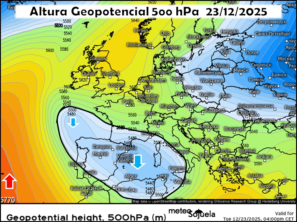 Embolsamiento de aire frío en altura sobre la península