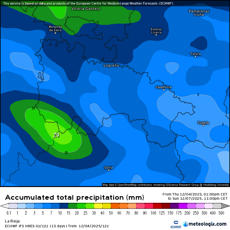 Precipitación Acumulada según ECMWF. Meteosojuela La Rioja