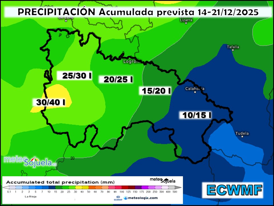 Precipitación Acumulada según ECWMF. Meteosojuela La Rioja