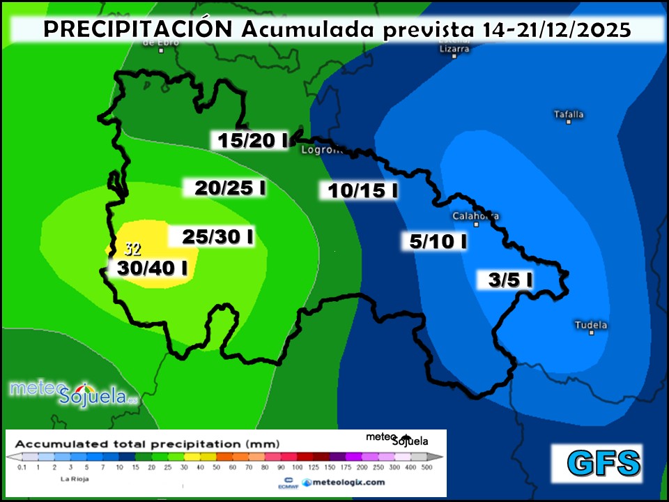Precipitación Acumulada según GFS. Meteosojuela La Rioja